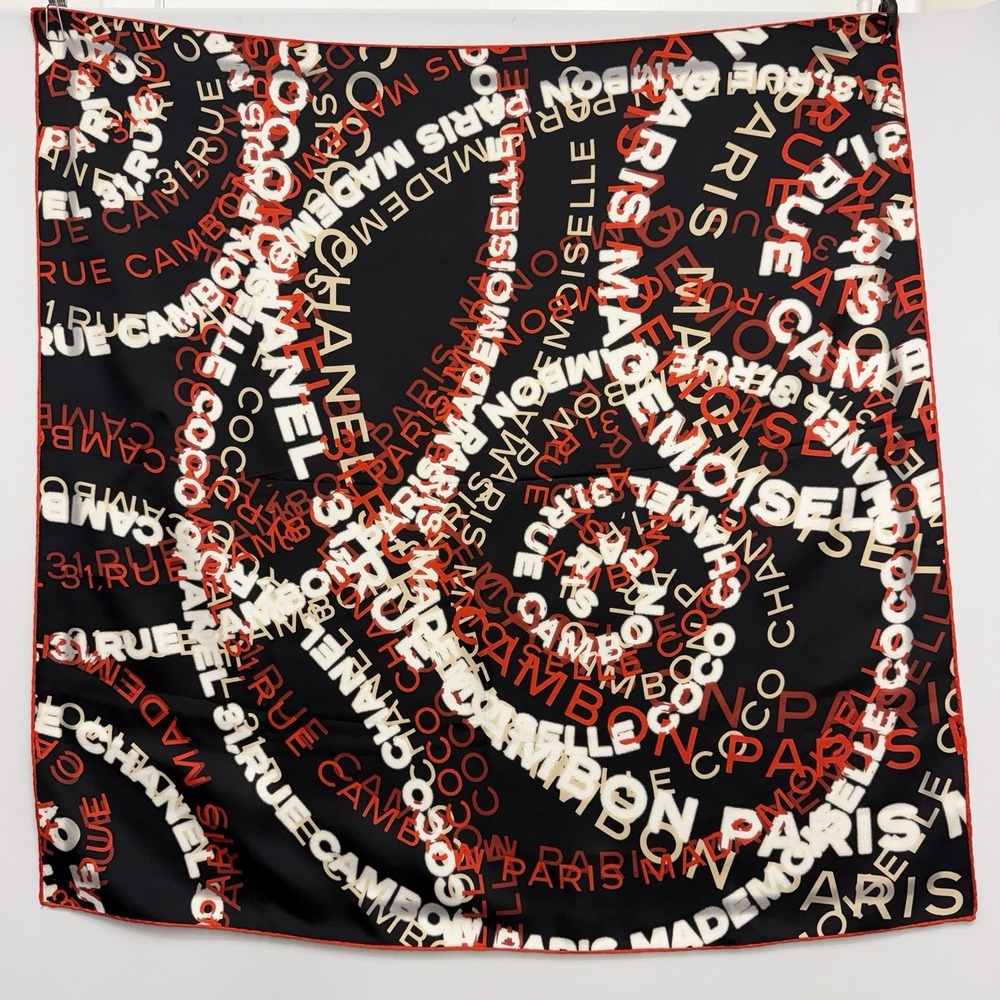 Chanel 100% Silk Scarf Says Coco 31 Rue Cambon Paris Mademoiselle Red Black Tan